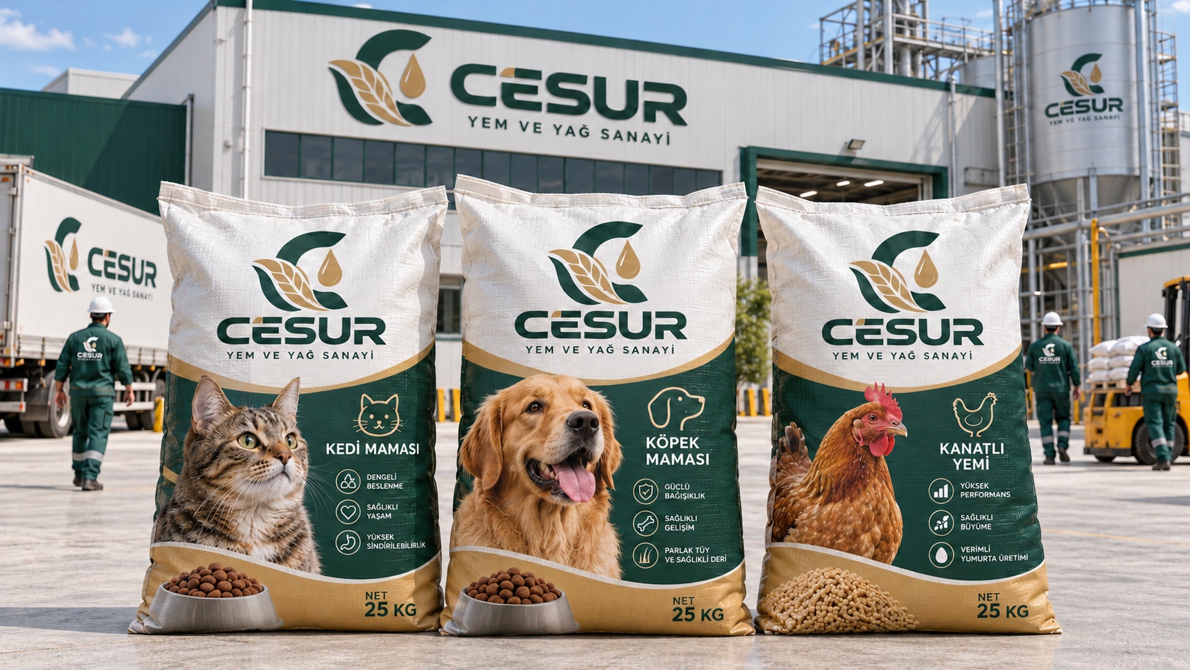 Cesur kedi maması, köpek maması ve kanatlı yemi çuvalları, arkada Cesur fabrikası