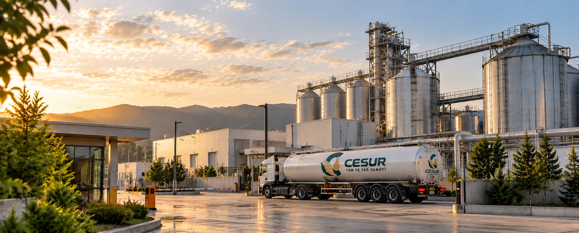 Gün batımında Cesur tesisi, silolar ve Cesur tankeri