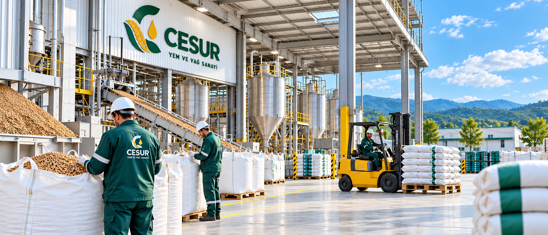 Cesur yem tesisinde pelet yem, big bag çuvallar, forklift ve çalışanlar