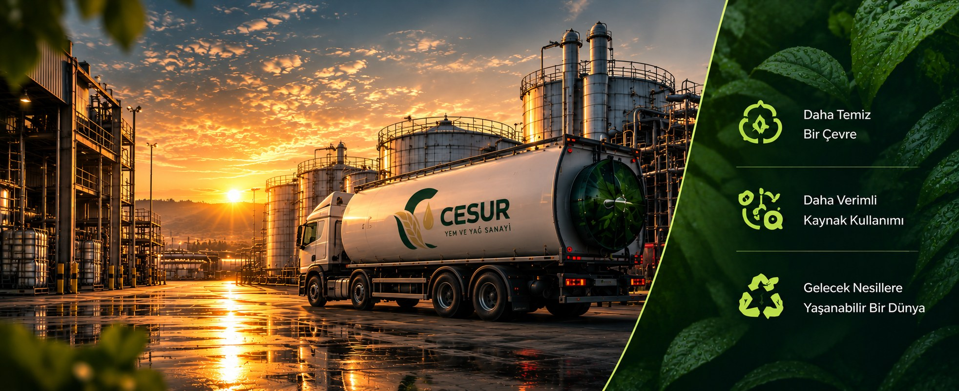 Gün batımında Cesur tankeri ve tesis; sağda Daha Temiz Bir Çevre, Daha Verimli Kaynak Kullanımı, Gelecek Nesillere Yaşanabilir Bir Dünya