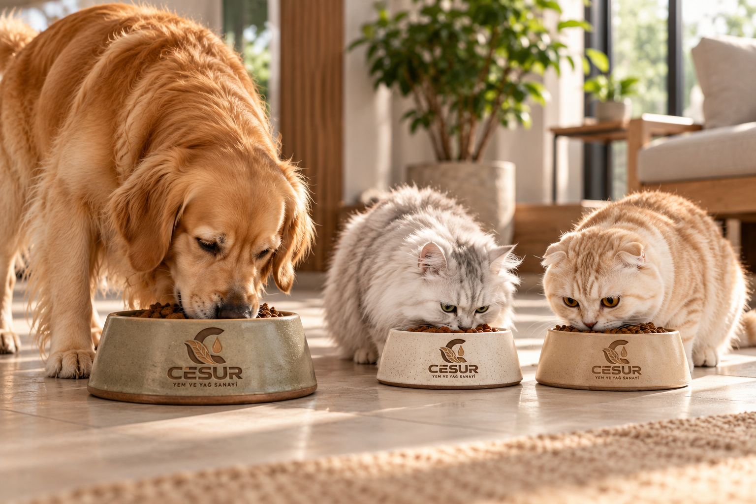 Cesur logolu mama kaplarından mama yiyen bir köpek ve iki kedi