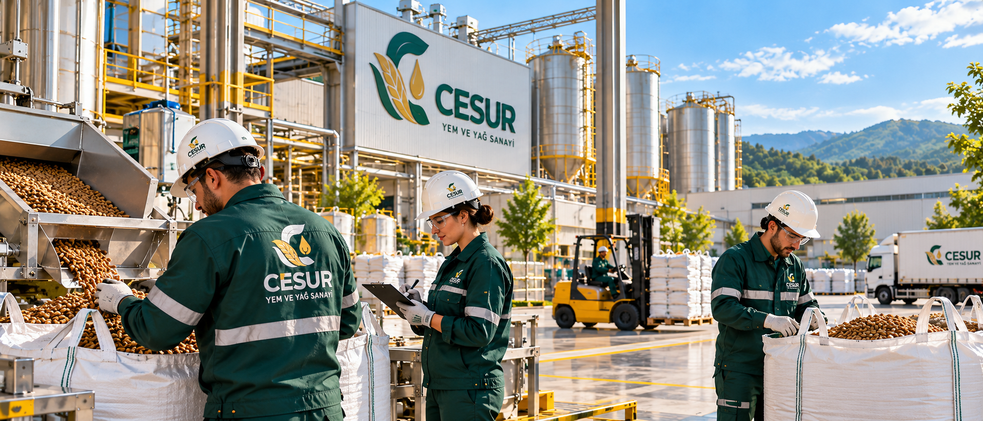 Cesur tesisinde depolama alanı, forklift ve çalışanlar